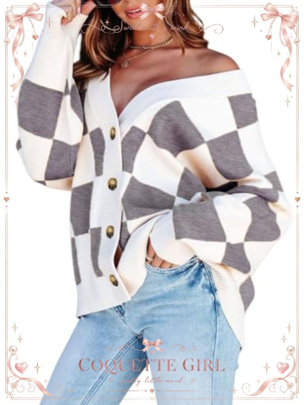 Womens Plaid Cable Knit Oversized Button Down Cardigan Sweater